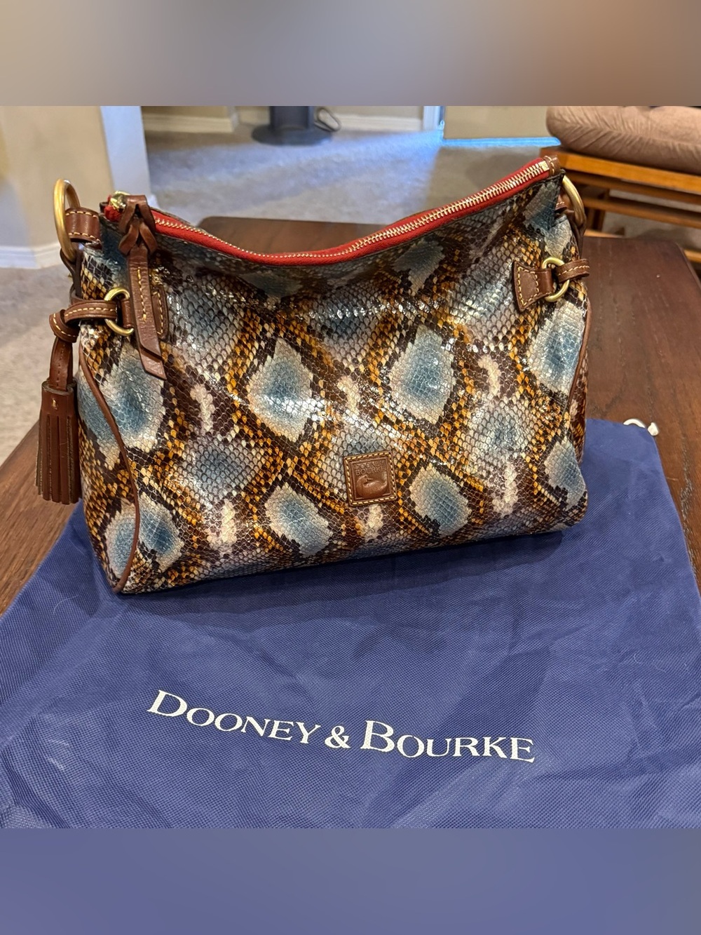 Dooney & Bourke Blue, Brown and Tan Snake-Print Leather Sloan Hobo Bag